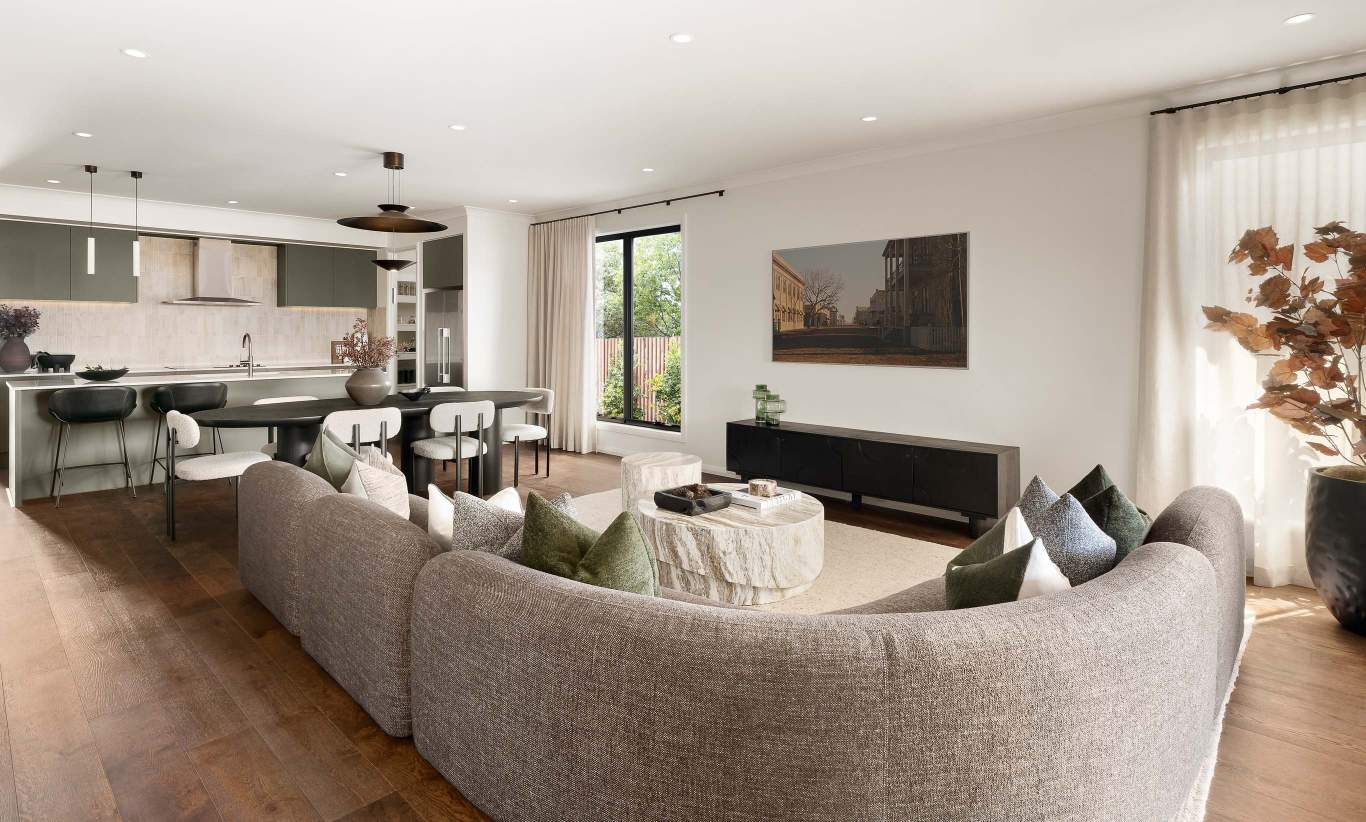 One storey home design riviera encore family room and kitchen oran park