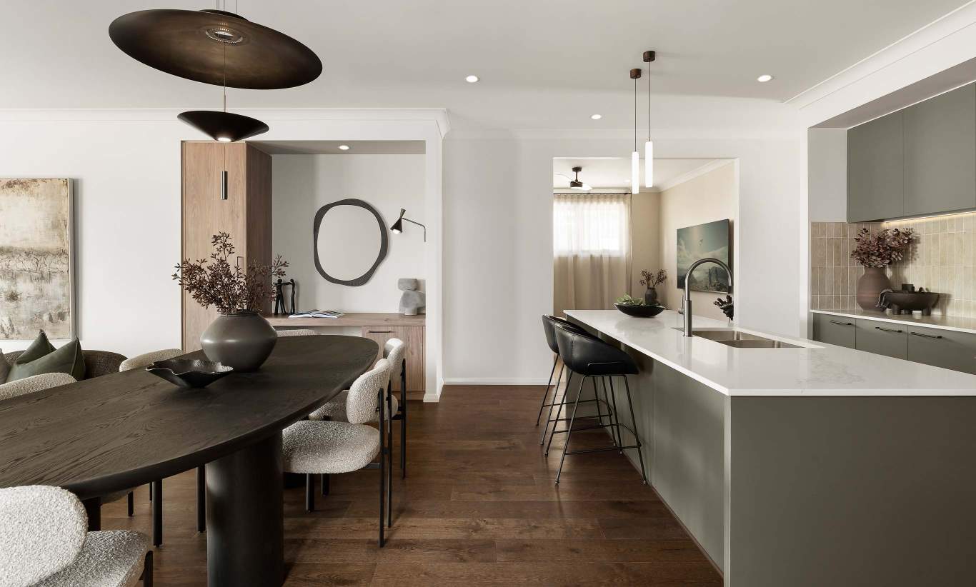 One storey home design riviera encore kitchen and dining room oran park