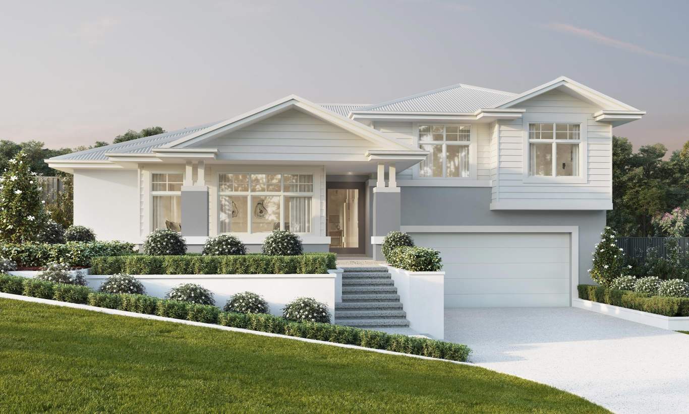 sloping block split level home design stirling hamptons facade