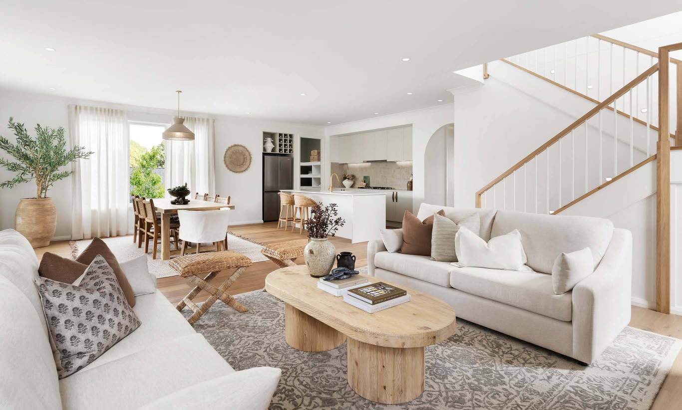 two storey home design valiente three living/dining/kitchen at menangle park