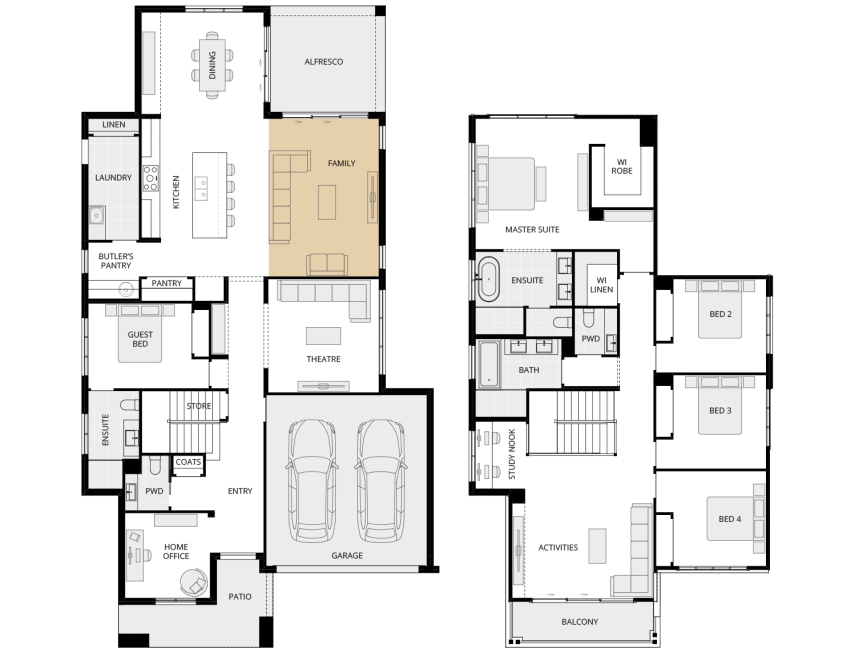 Allora 40 One - Option floorplan raked ceiling to family rhs two storey home design allora 40 one option floorplan raked ceiling to family rhs