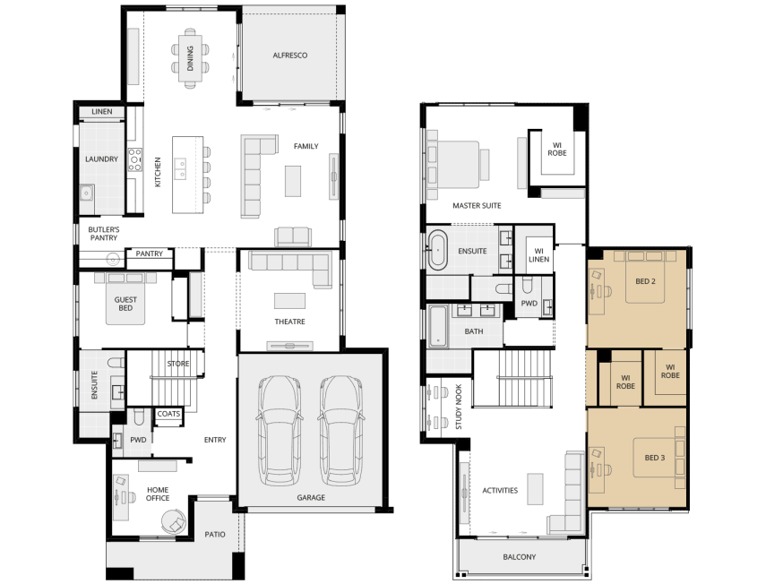 Allora 40 One - Option floorplan WIR to bed 2 and 3 ILO fourth bed rhs two storey home design allora 40 one option floorplan WIR to bed 2 and 3 ILO fourth bed lhs