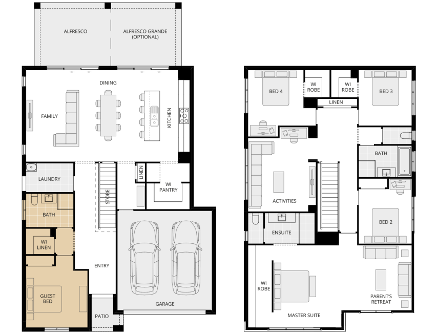 Enzo Three - Essence option floorplan guest bed with bath ILO living and study rhs two storey home design everyday enzo three option floorplan guest bed with bath rhs