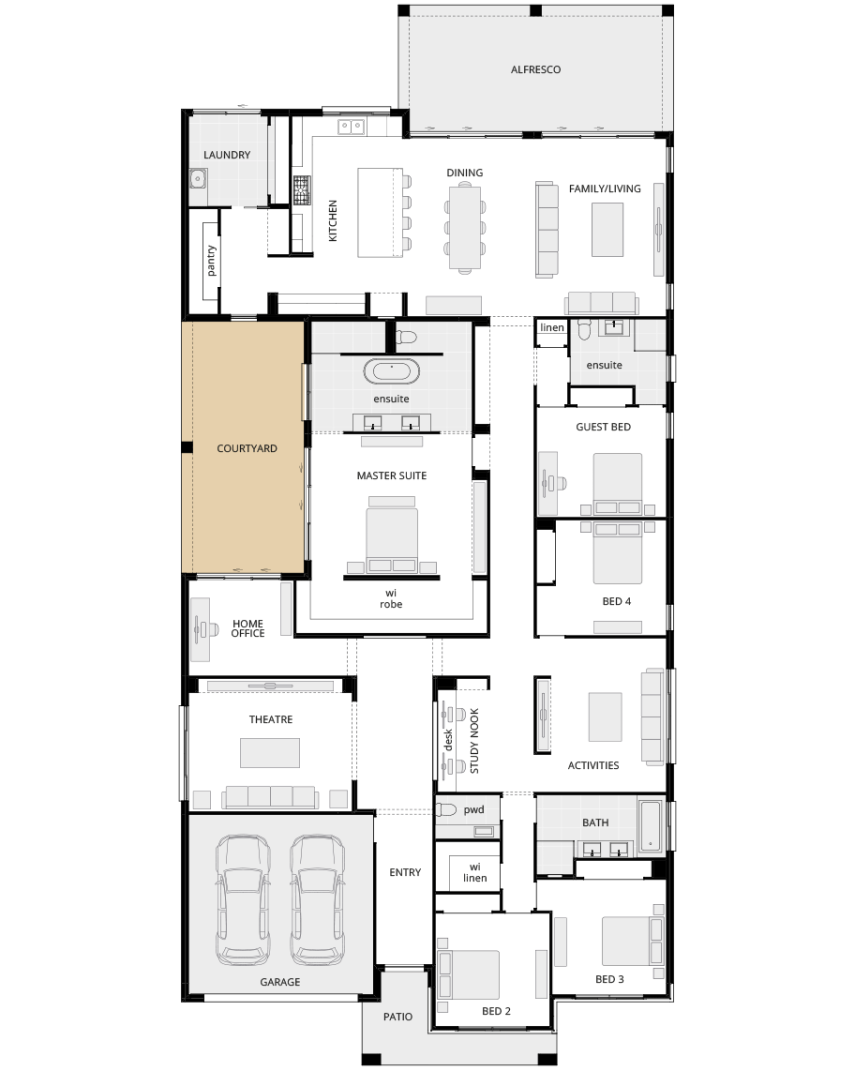 single storey home design anchorage manor option floorplan courtyard lhs