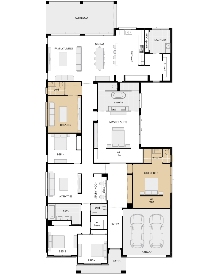 Anchorage Manor - Option grand guest bed and relocated theatre floorplan rhs single storey home design anchorage manor floorplan option grand guest bed rhs