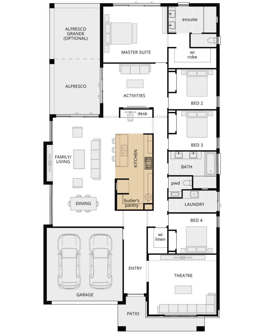 single storey home design bayswater encore floorplan option kitchen b lhs