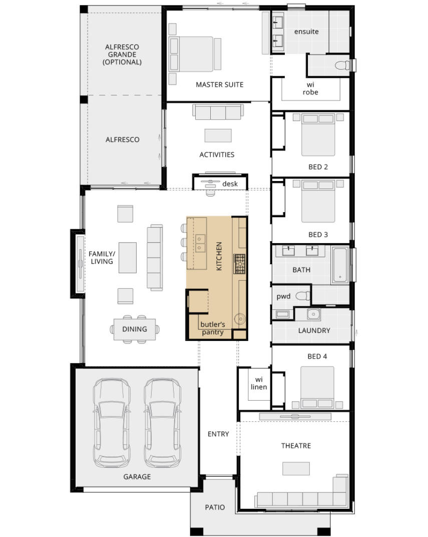 Bayswater Encore - floorplan option kitchen b with island bench and butler's pantry single storey home design bayswater encore floorplan option kitchen b lhs