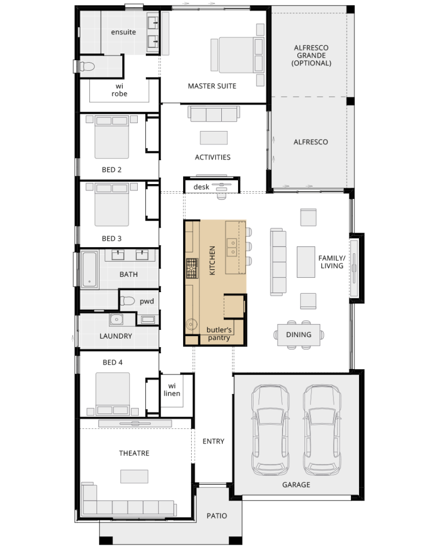 Bayswater Encore - floorplan option kitchen b with island bench and butler's pantry single storey home design bayswater encore floorplan option kitchen b rhs