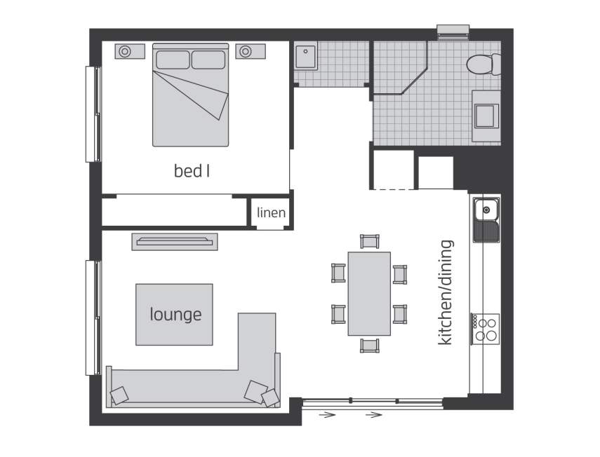 house plan of 1 Bedroom granny flat with kitchen/dining