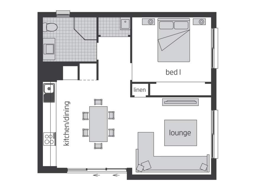 house plan of 1 Bedroom granny flat with kitchen/dining