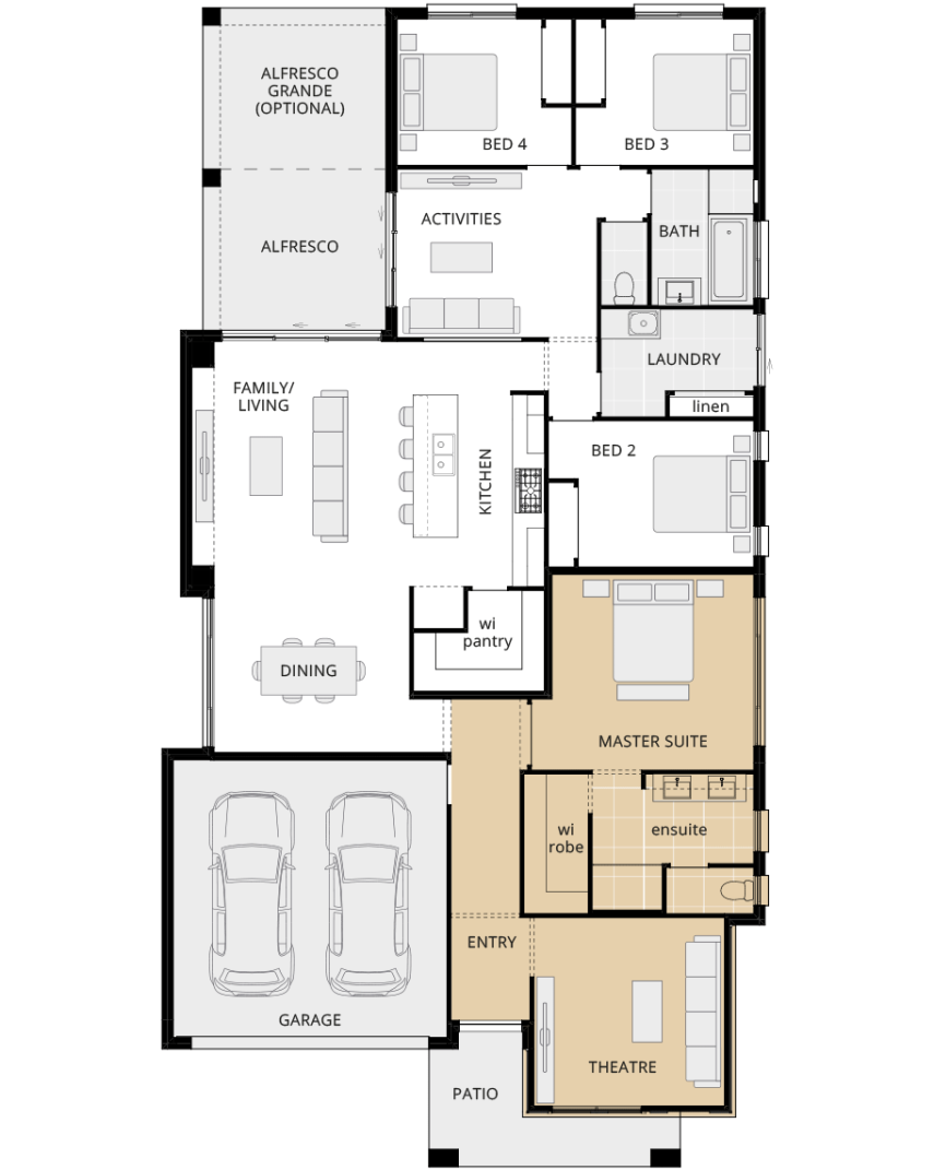 single storey home design havana encore option floorplan front theatre lhs