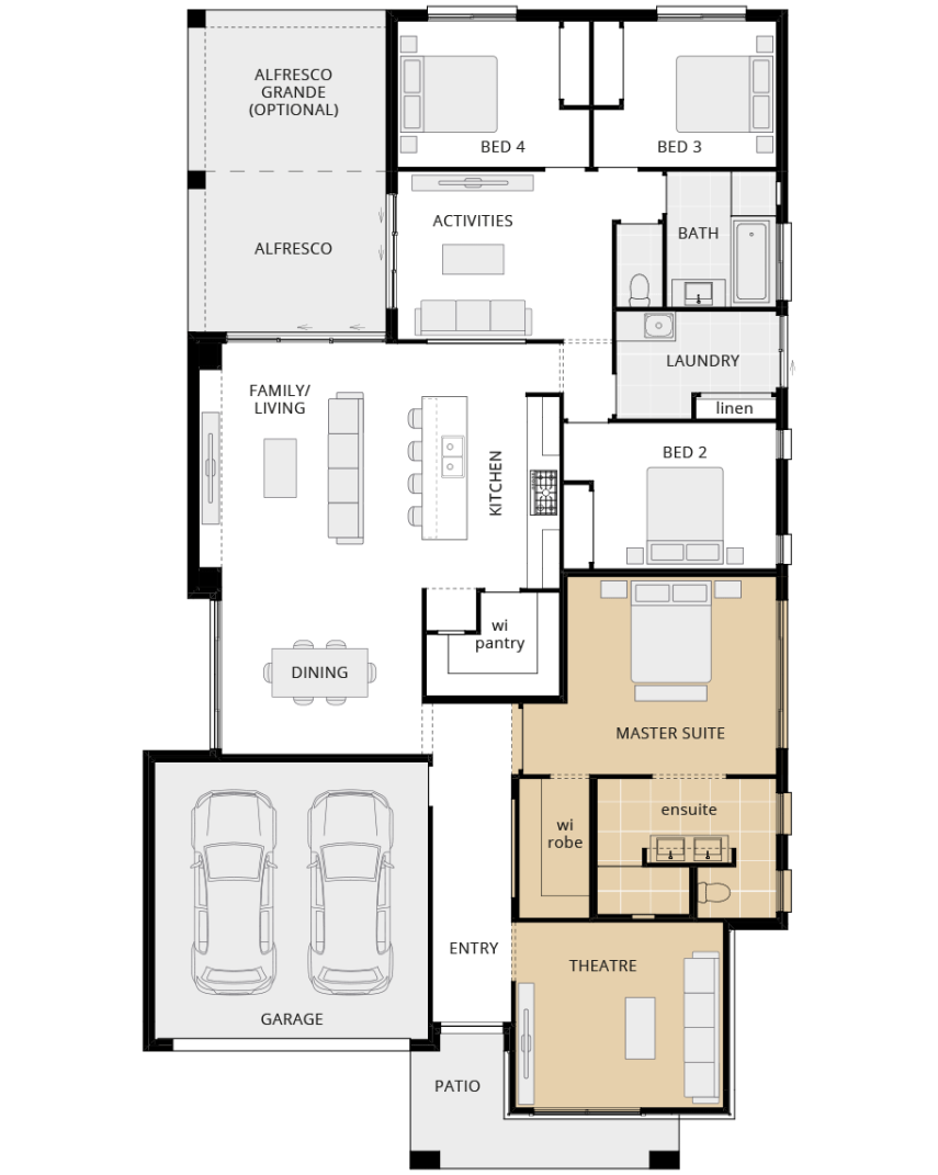 single storey home design havana executive option floorplan front theatre option lhs