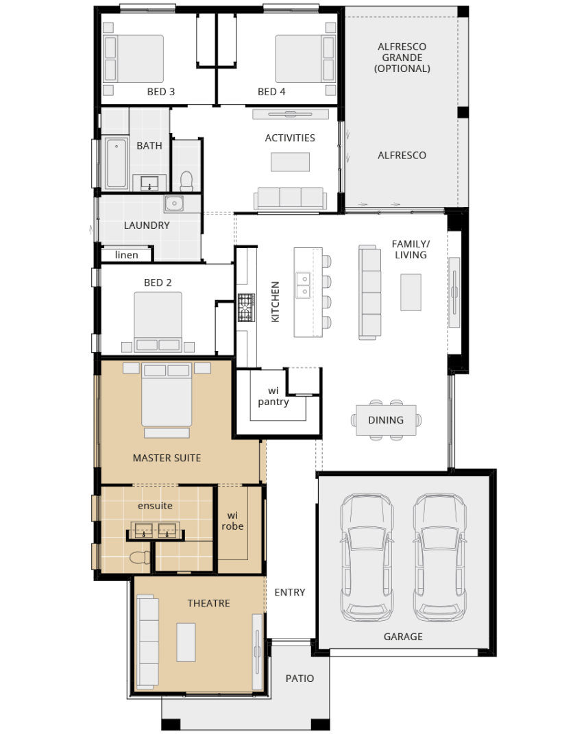 single storey home design havana executive option floorplan front theatre option rhs