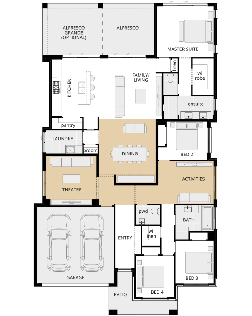 single storey home design miami classic floorplan option larger family and dining lhs