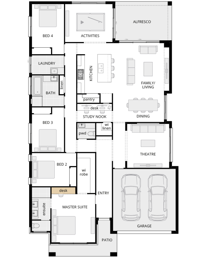 single storey home design retreat classic floorplan option desk to master rhs