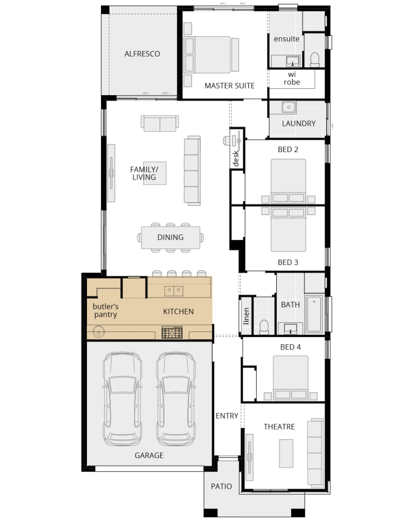single storey home design riviera encore option floorplan alternate kitchen layout A lhs