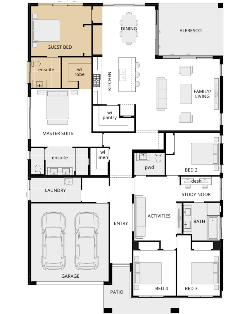 single storey home design san marino floorplan guest bedroom ILO theatre lhs