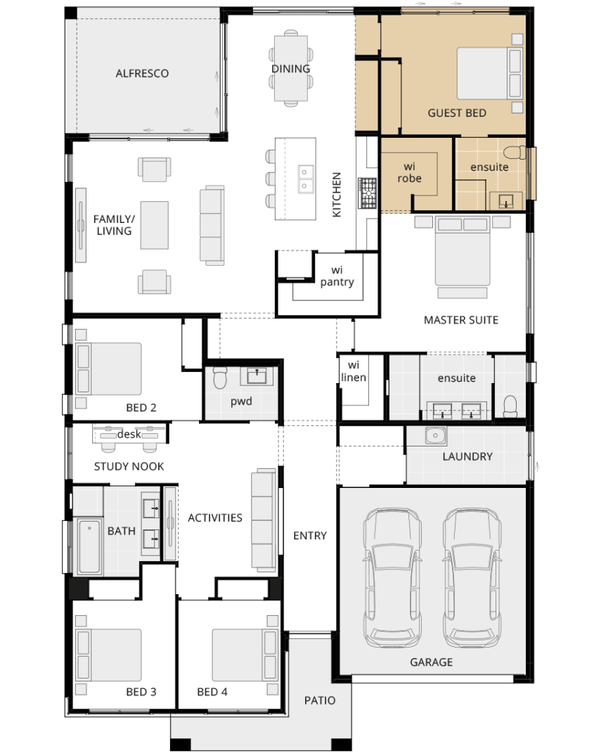 single storey home design san marino floorplan guest bedroom ILO theatre rhs