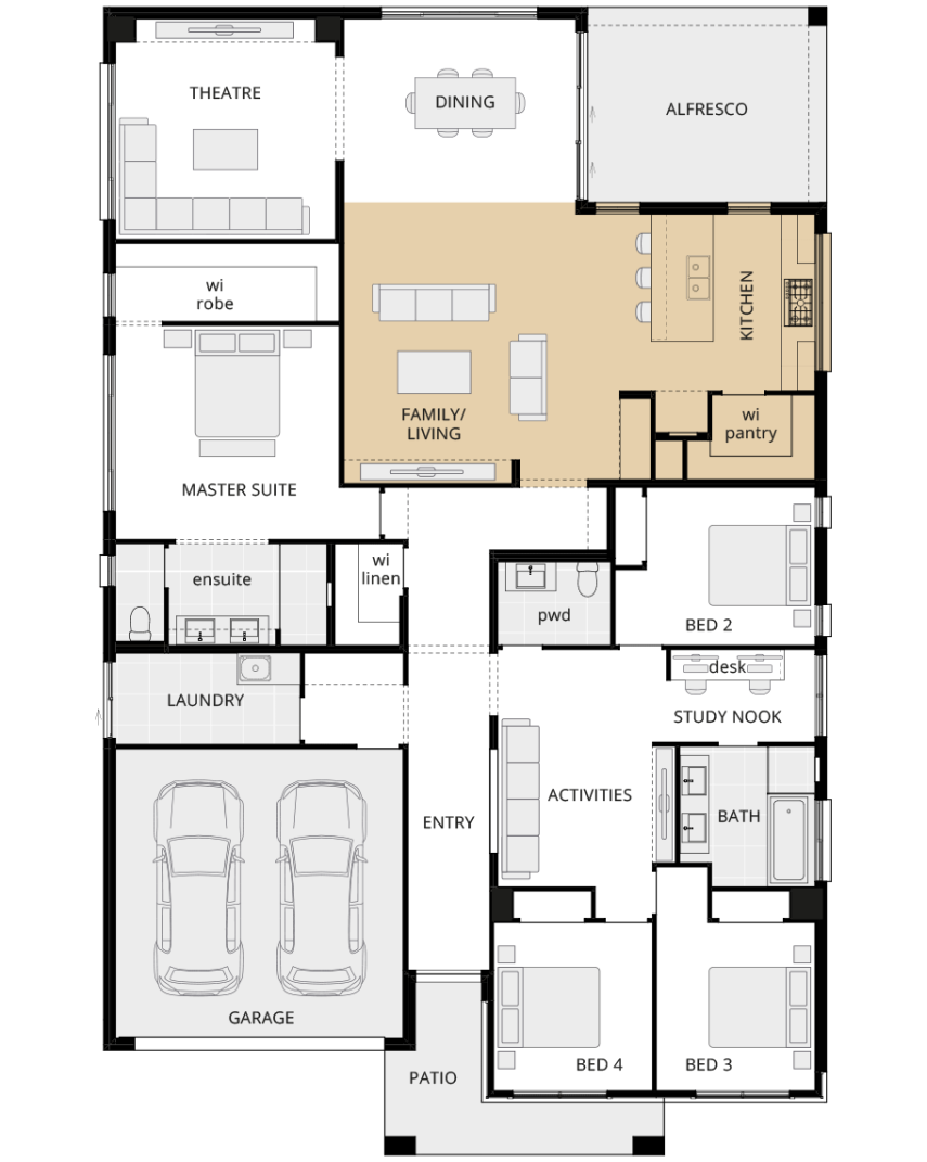 San Marino Encore - Kitchen on external wall rhs single storey home design san marino option floorplan kitchen on external wall lhs