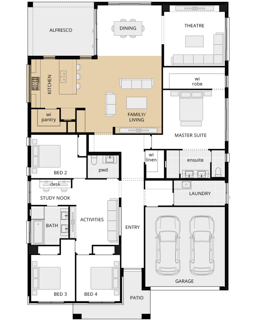 San Marino Encore - Kitchen on external wall rhs single storey home design san marino option floorplan kitchen on external wall rhs