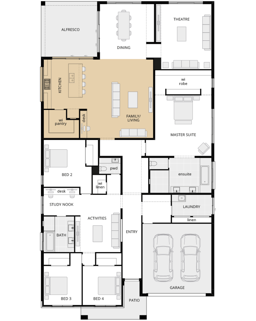 San Marino Manor - Option floorplan kitchen on external wall rhs single storey home design san marino manor kitchen on external wall rhs