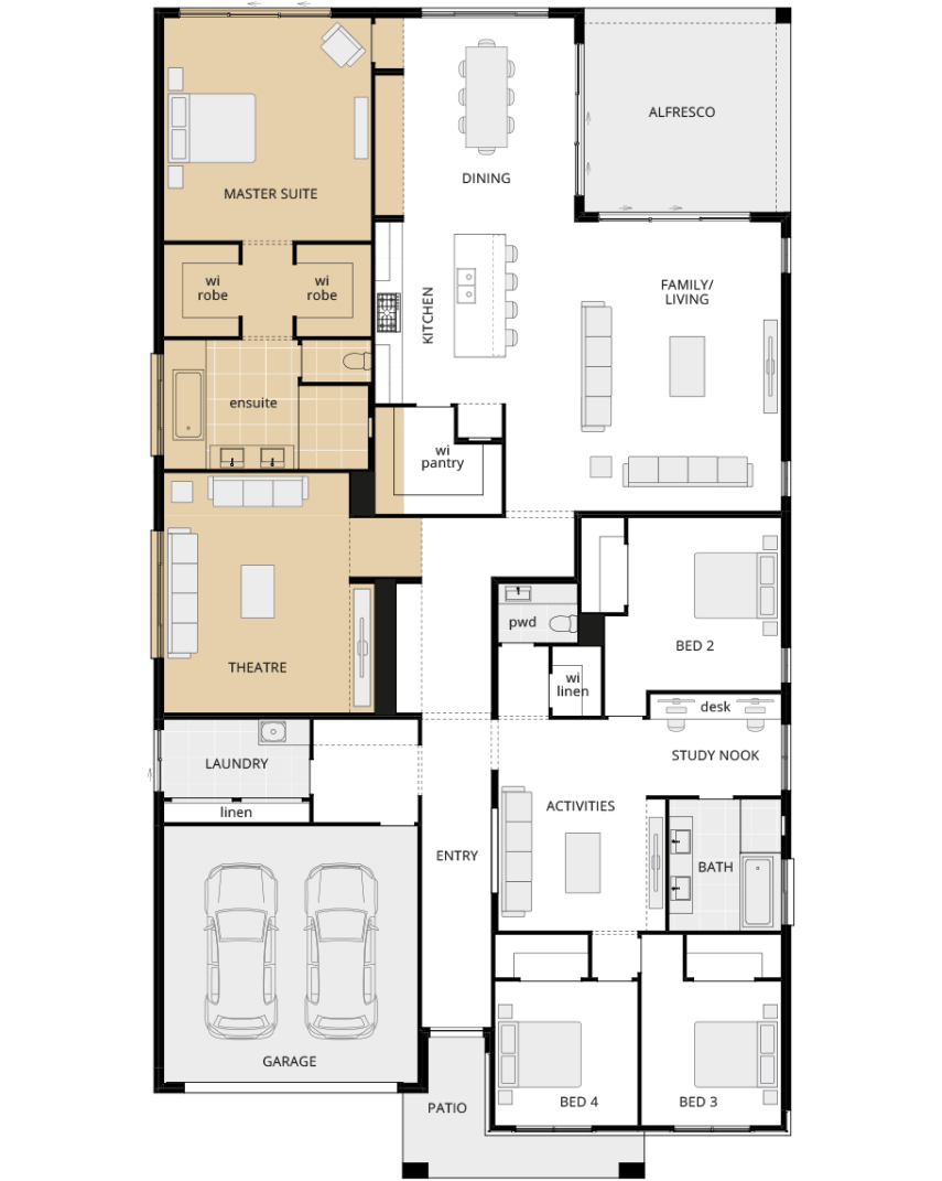 single storey home design san marino manor option floorplan mirrored master suite wing lhs