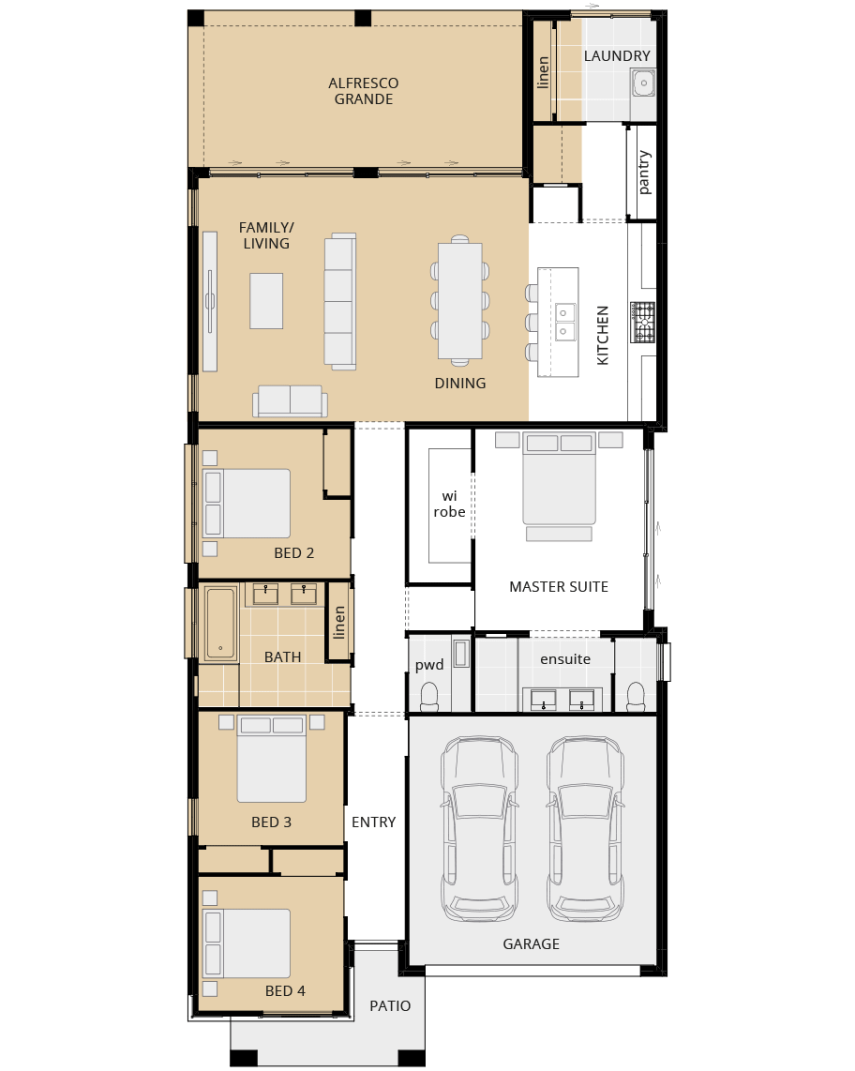 single storey home design santa fe encore option floorplan alfresco grande to rear rhs