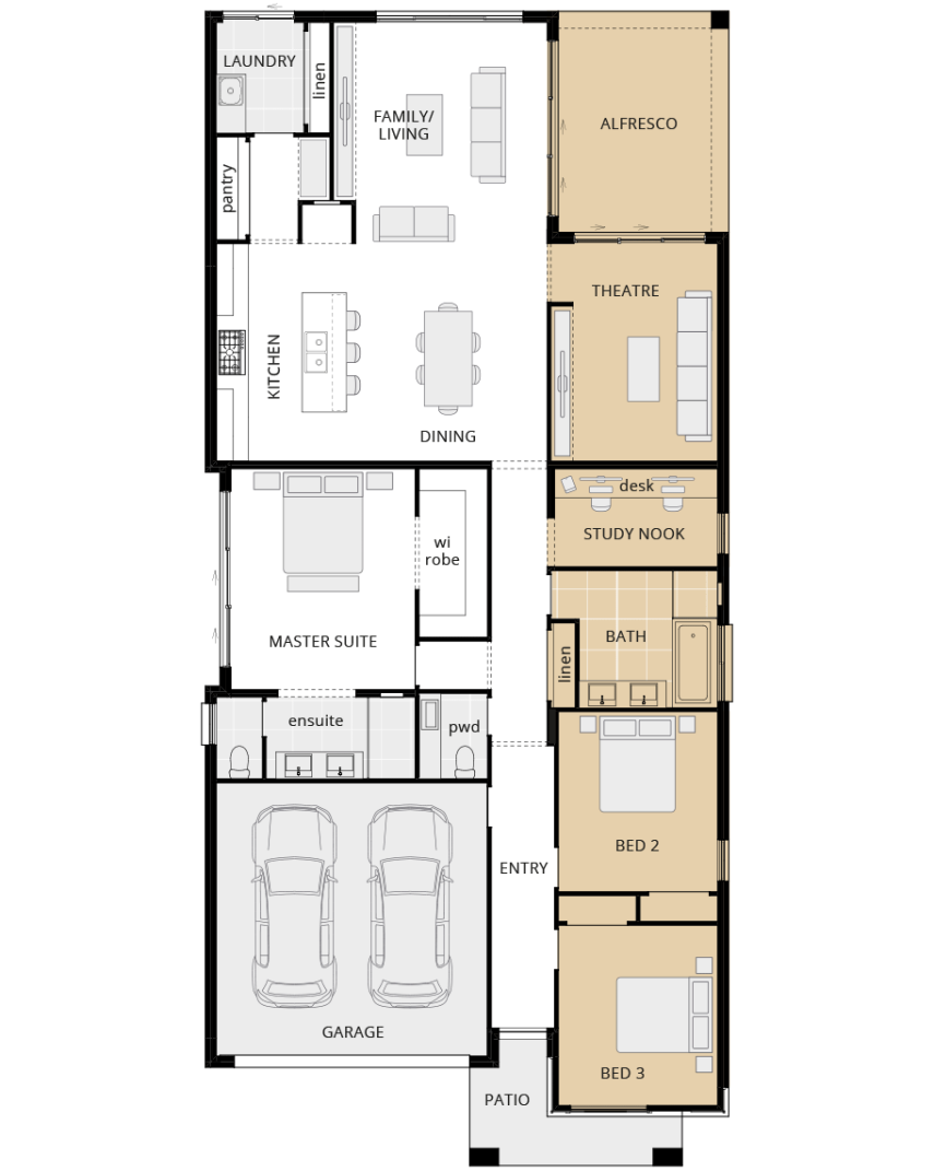 Santa Fe Encore - Option floorplan three bedroom with study nook rhs single storey home design santa fe encore option floorplan three bedroom with study lhs