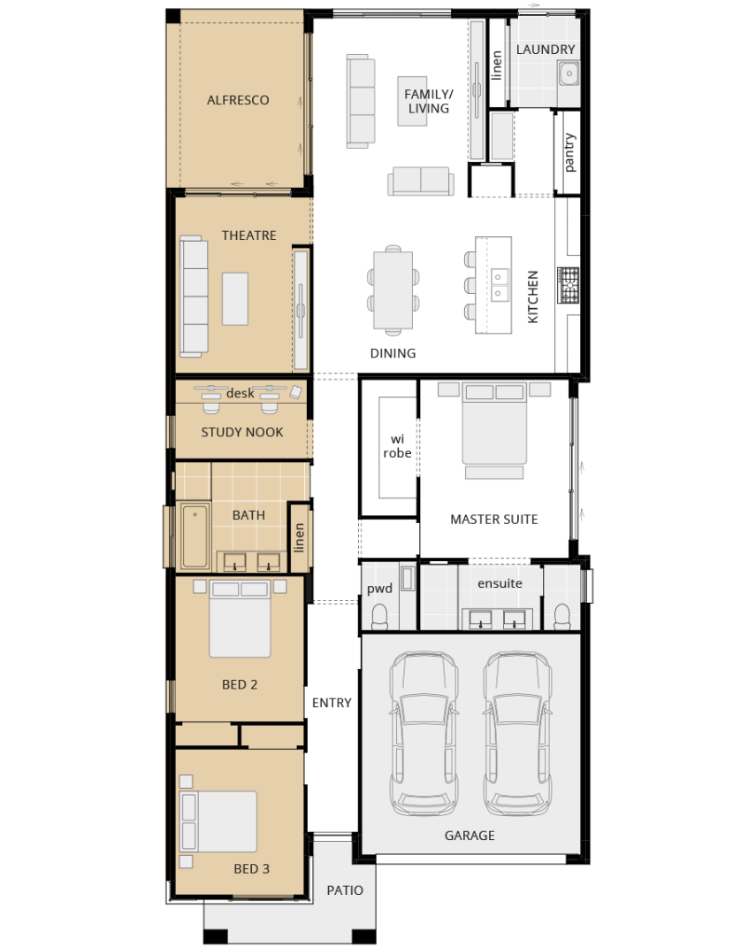 Santa Fe Encore - Option floorplan three bedroom with study nook rhs single storey home design santa fe encore option floorplan three bedroom with study rhs
