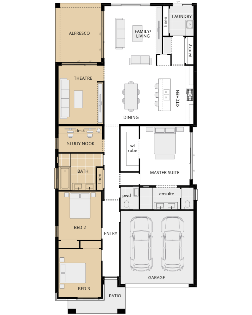 single storey home design santa fe encore option floorplan three bedroom with study rhs