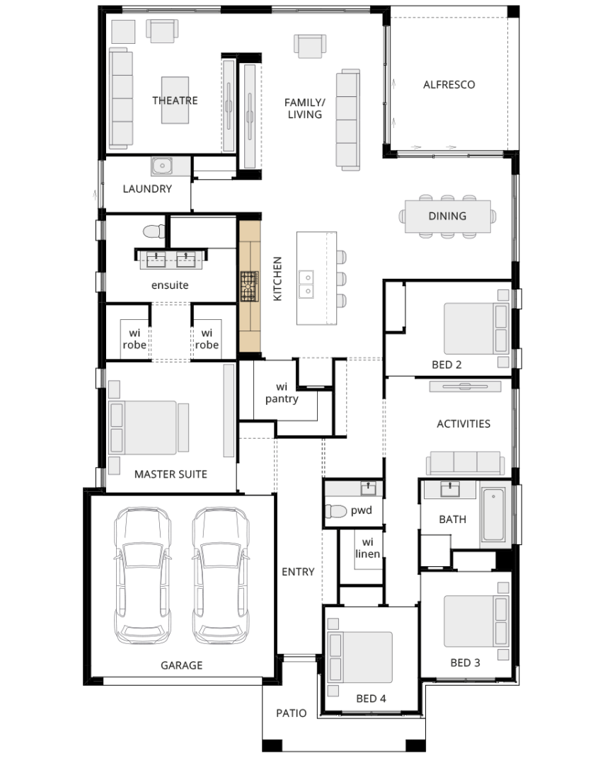 Santa Monica - Encore option floorplan alternate kitchen b including two appliance towers lhs