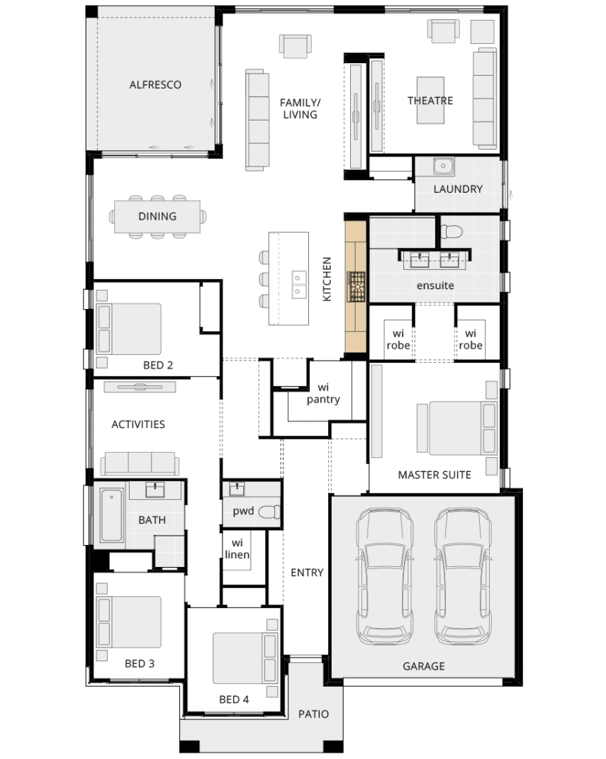Santa Monica - Encore option floorplan alternate kitchen b including two appliance towers rhs single storey home design santa monica encore option floorplan alternate kitchen b rhs
