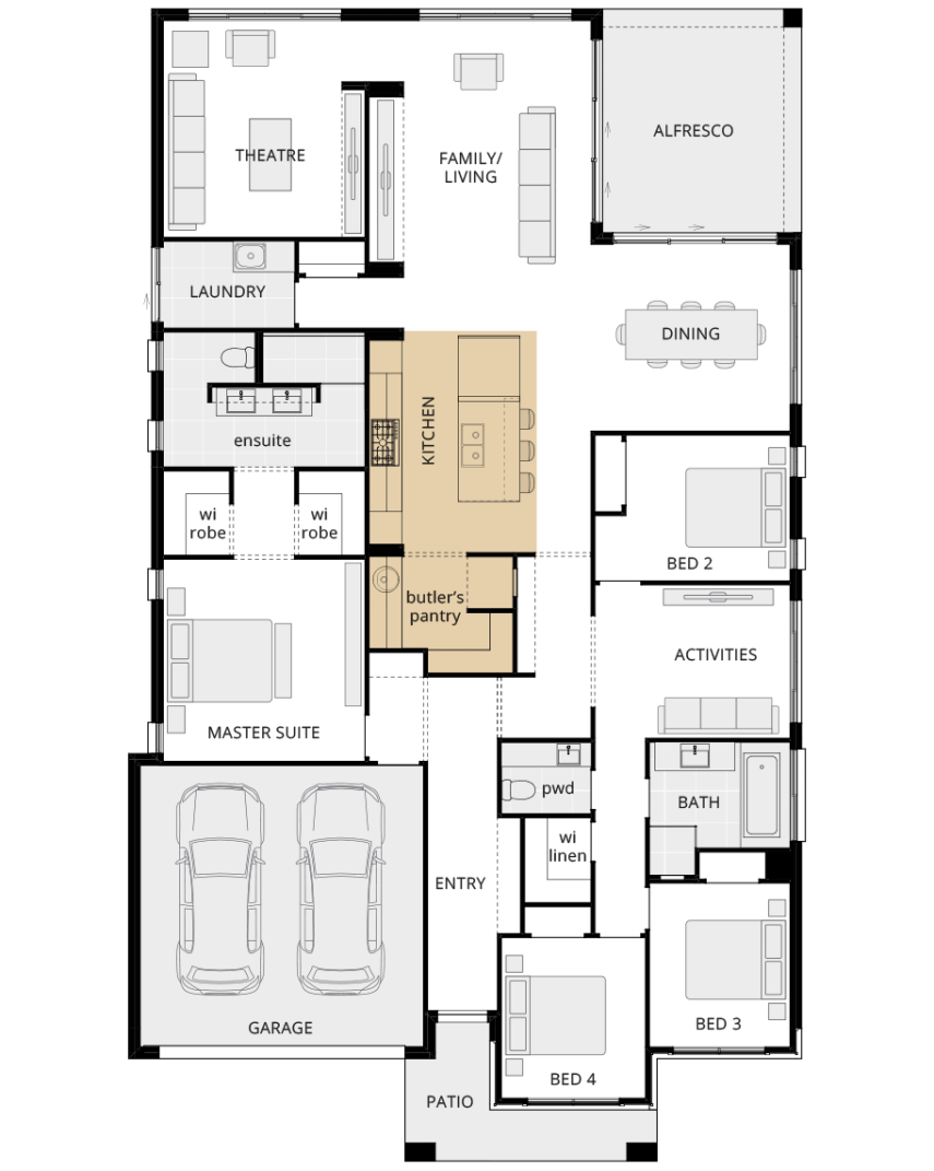 Santa Monica - Encore option floorplan alternate kitchen c including butlers pantry rhs single storey home design santa monica encore option floorplan alternate kitchen C lhs