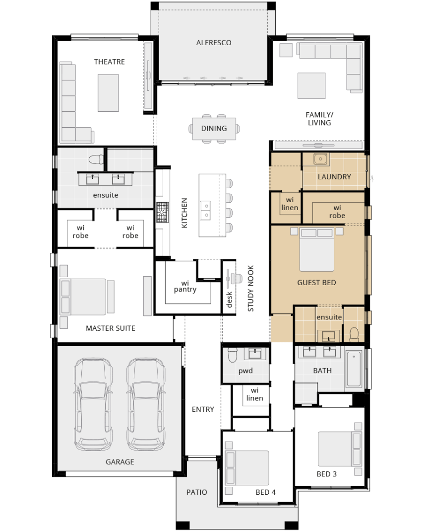 single story home design seaside executive floorplan option guest bed in lieu of activities lhs