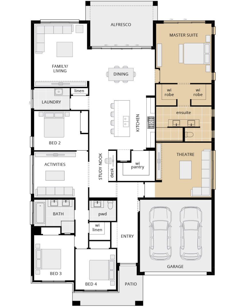 single story home design seaside executive floorplan option mirrored master suite rhs