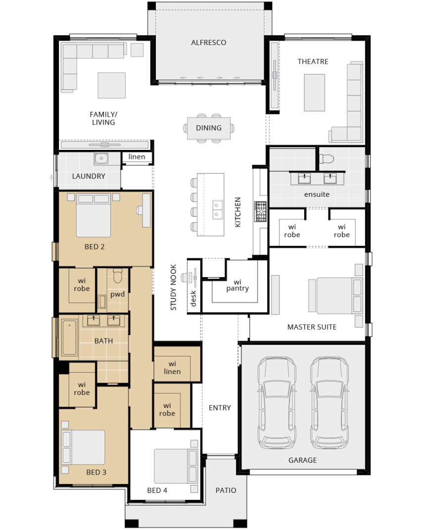 single storey home design seaside executive option floorplan Seaside Executive - Option floorplan walk-in robes to bedrooms 2, 3 and 4 rhs