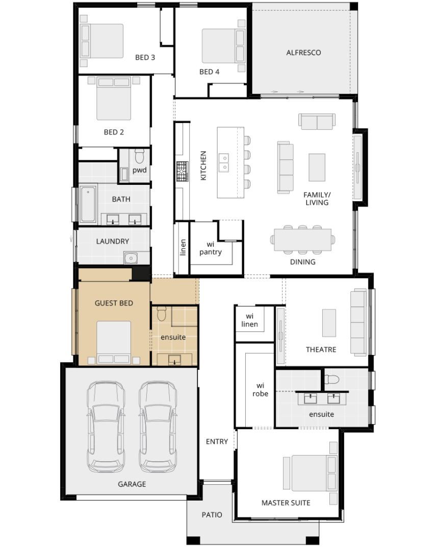 single storey home design st.tropez executive option floorplan guest bedroom lhs