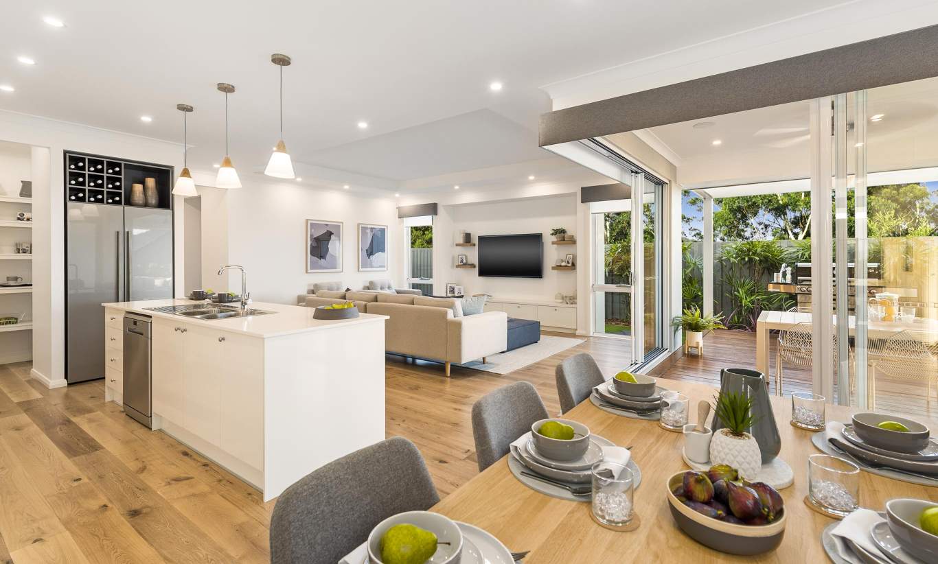 Dining and Kitchen area, Portsea one display home, Wallis Creek, by McDonald Jones