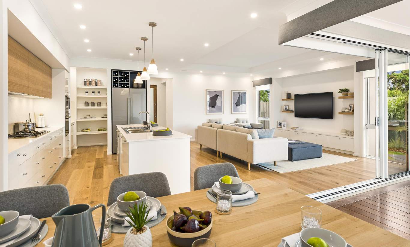 Dining and Kitchen area, Portsea one display home, Wallis Creek, by McDonald Jones