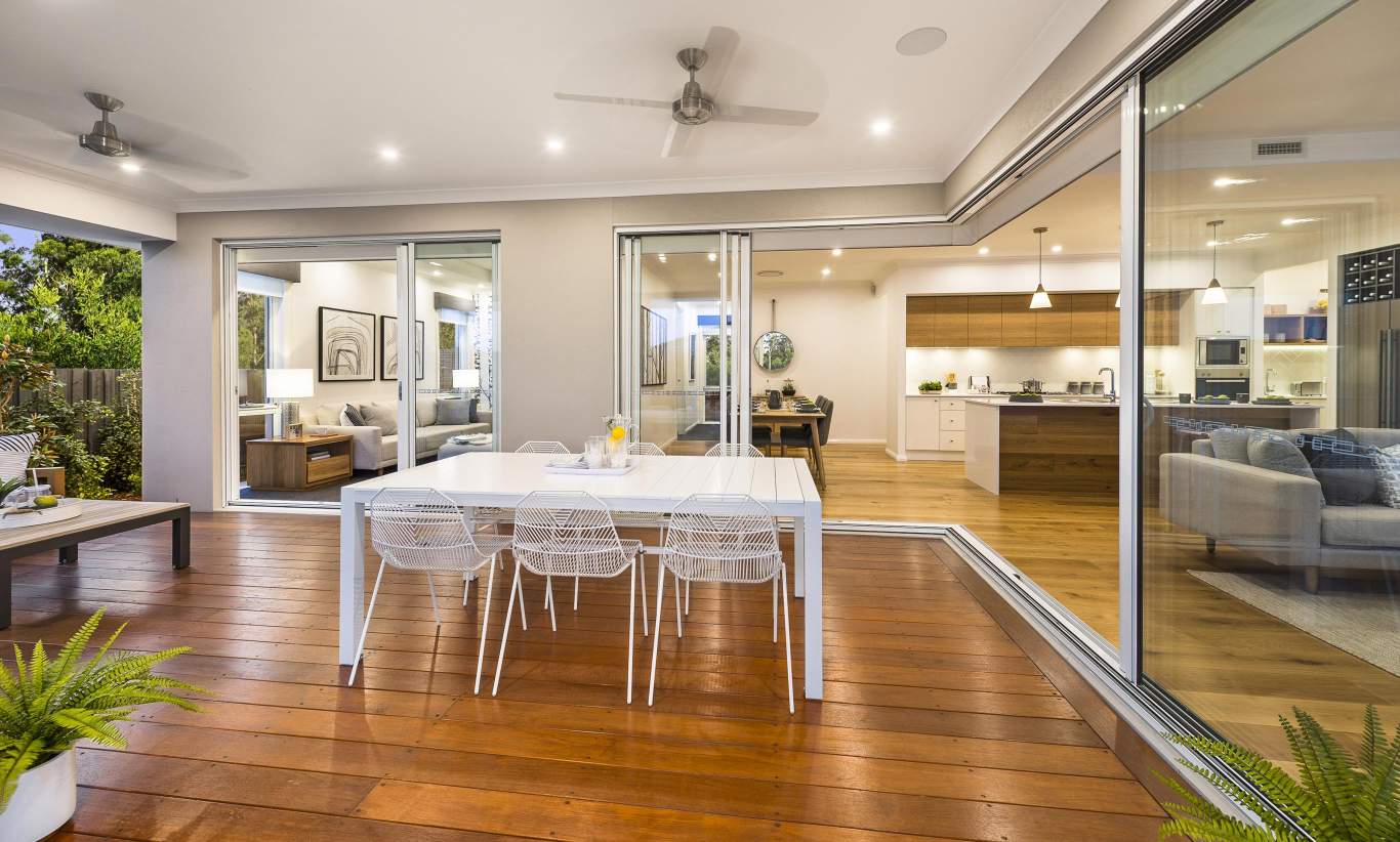 Alfresco, Living and Kitchen area, Portsea One Display Home, Wallis Creek, by McDonald Jones