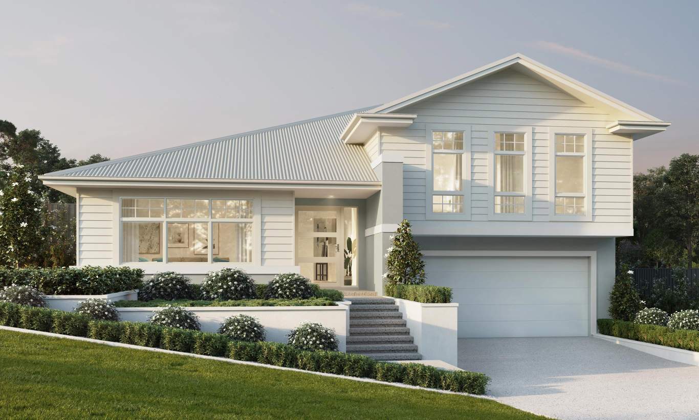 sloping block split level home design huntley hamptons facade