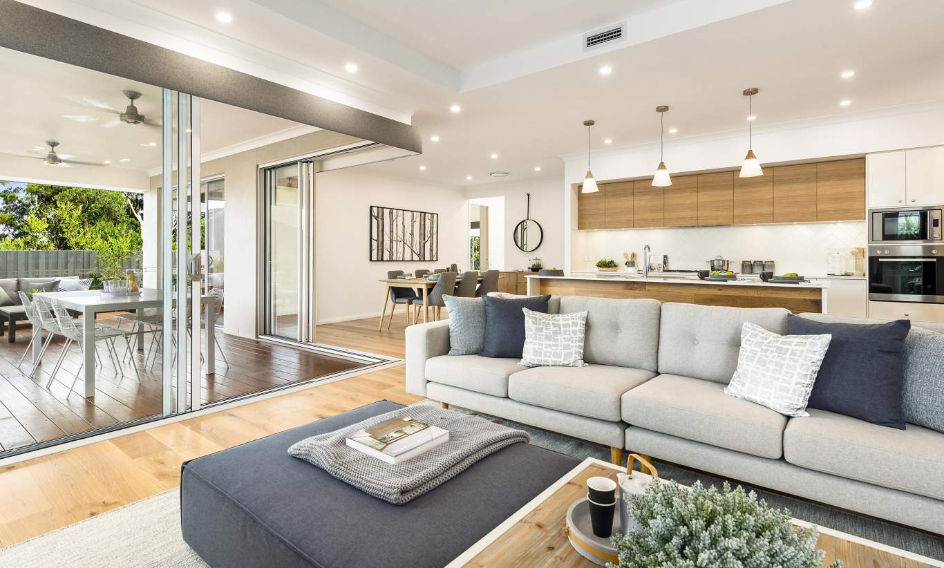 Living room & Dining, Portsea One Display Home, Wallis Creek, by McDonald Jones