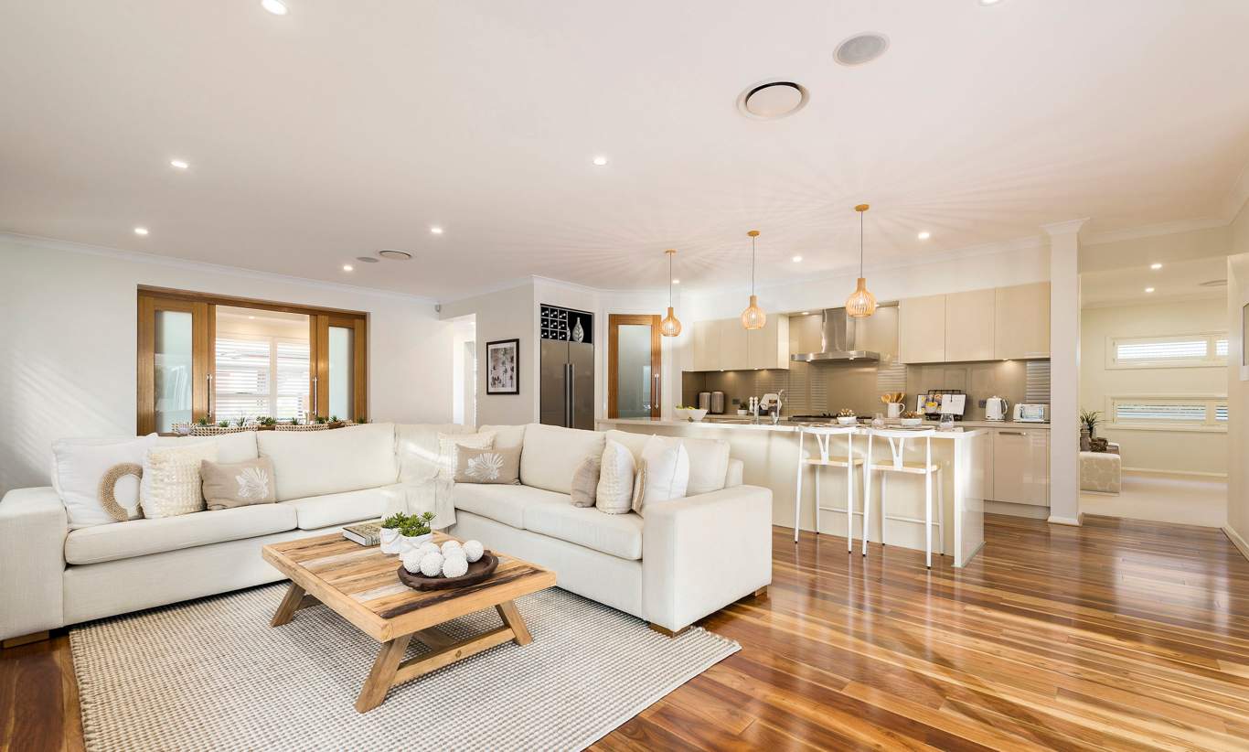 Living Room & Kitchen, Monte Carlo Display Home at Home World 5 - McDonald Jones