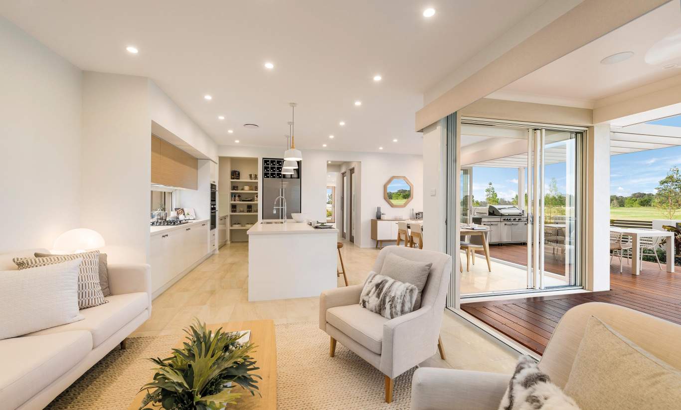 Living Room, Kitchen, Alfresco - Tulloch Narrow Block Two Storey Home - McDonald Jones