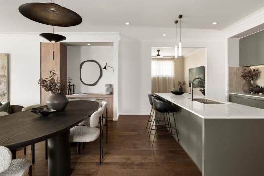 One storey home design riviera encore kitchen and dining room oran park